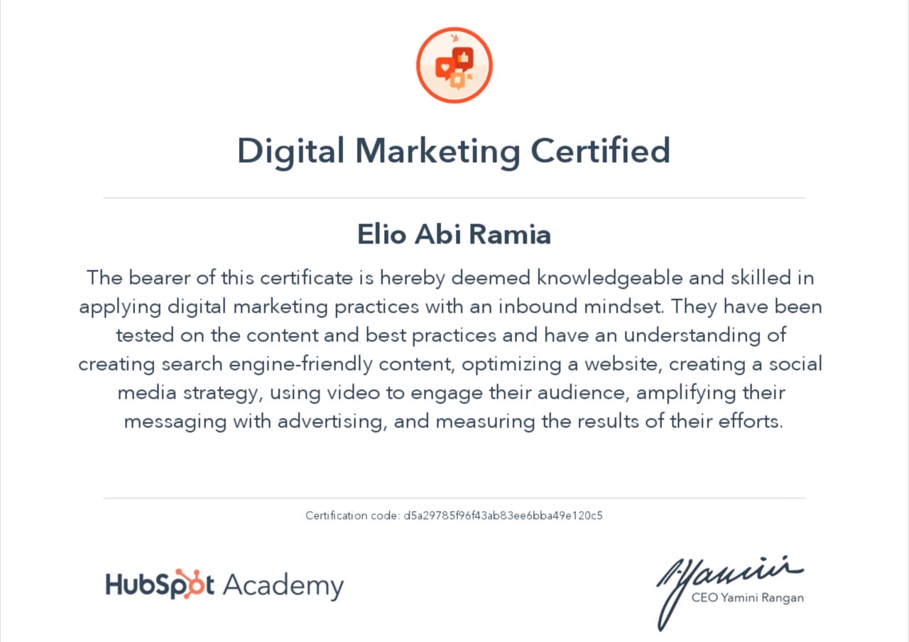 HubSpot Academy Digital Marketing Certified certificate