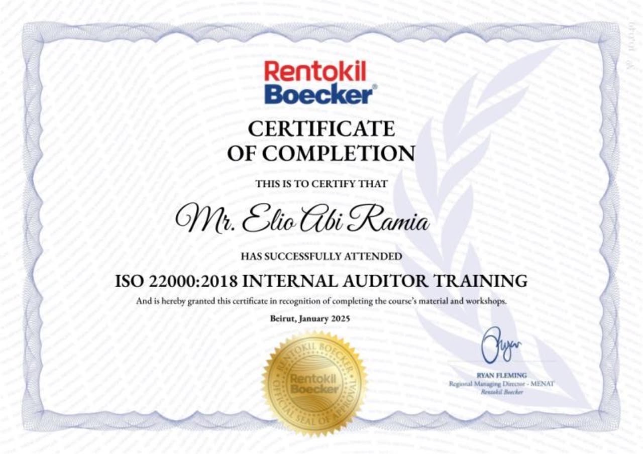 Rentokil Boecker ISO 22000:2018 Internal Auditor Training certificate
